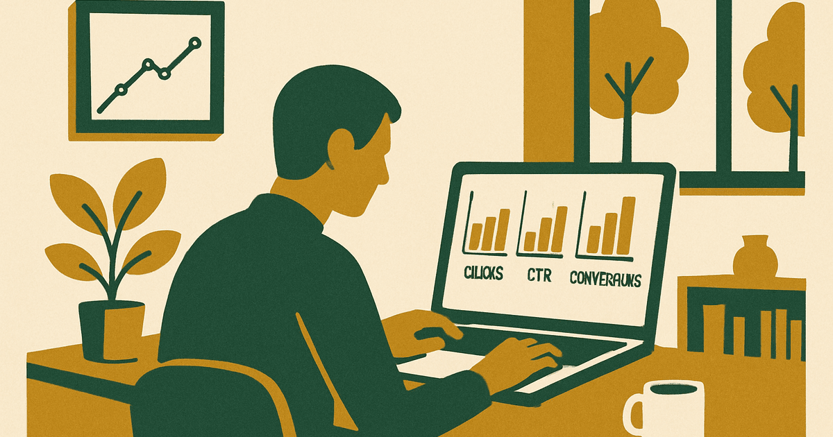 Website owner reviewing affiliate page metrics, clicks, and conversion funnel on a laptop dashboard