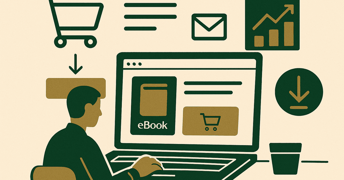 Website owner selling an ebook from a simple landing page with checkout, email signup, and analytics dashboard
