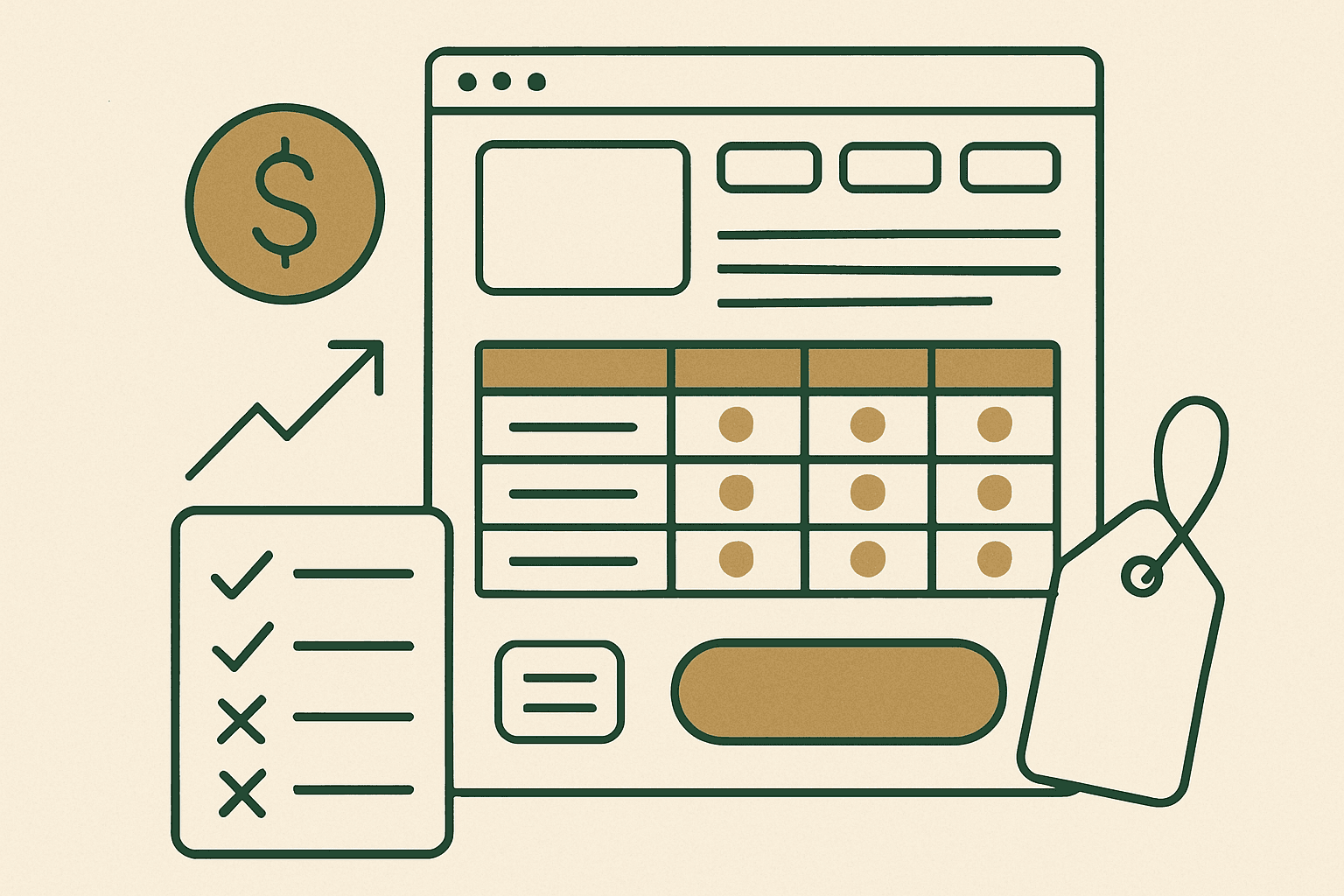 Structured affiliate comparison page wireframe with summary box, table, pros and cons, and call-to-action sections