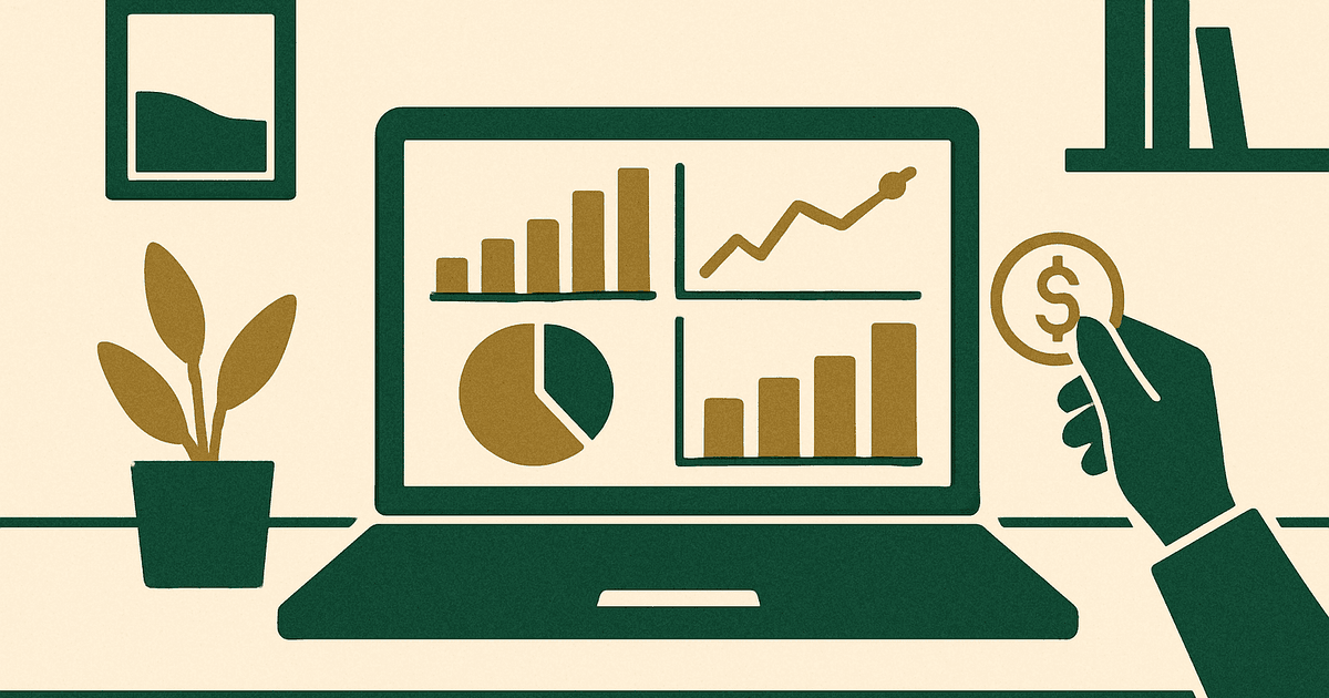 Website valuation dashboard concept showing revenue, traffic, and profit trends on a content site